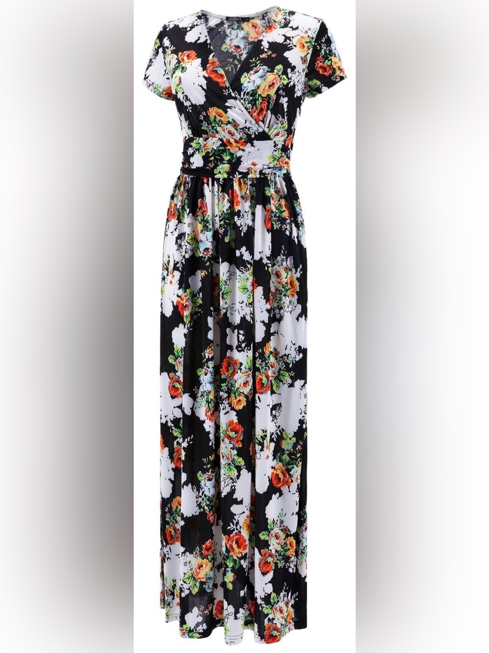 OUGES  NWT Black & White Floral Faux Wrap Maxi Dress with Orange Blooms XXL